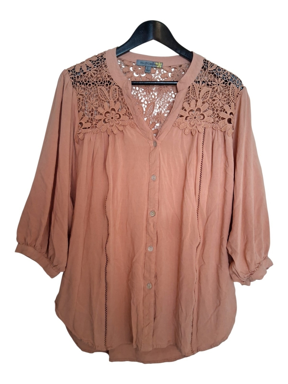 FIGUEROA & FLOWER Dusty Rose Pink Crochet Lace Yoke Blouse Size L